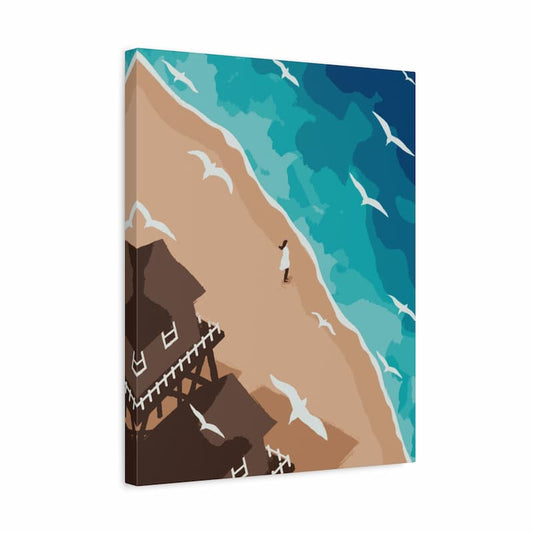 Beach aerial view paint by numbers canvas featuring turquoise ocean waves, sandy shoreline, flying seagulls, and a small seaside house with a person walking along the coast
