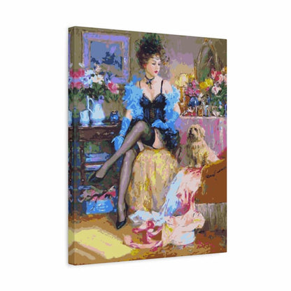 Canvas print of a woman in a room with flowers and furniture.