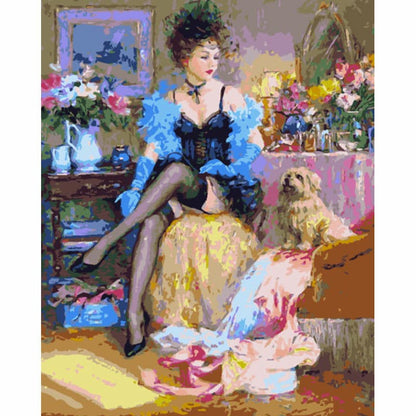 Painting of a woman in a glamorous setting with flowers and a dog.