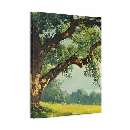 A canvas wall art print depicting a large tree with green leaves and a yellow grassy field under a pale sky, shown at a slight angle on a white background.