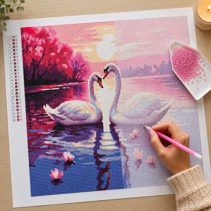 Diamond painting kit with two swans on a table