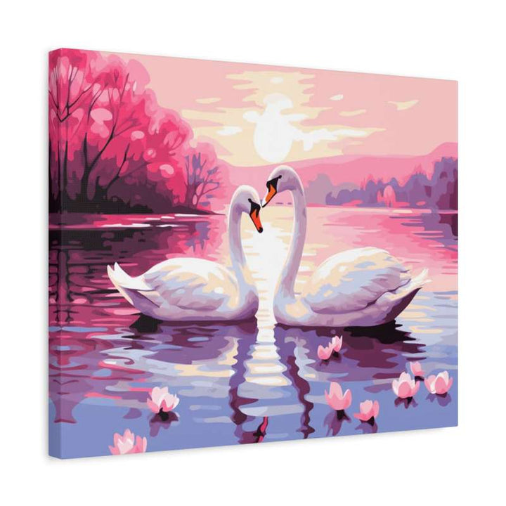 Kit de diamond painting 5D Better Together montrant deux cygnes blancs formant un cœur sur un lac calme au coucher du soleil avec un ciel rose et des fleurs de lotus