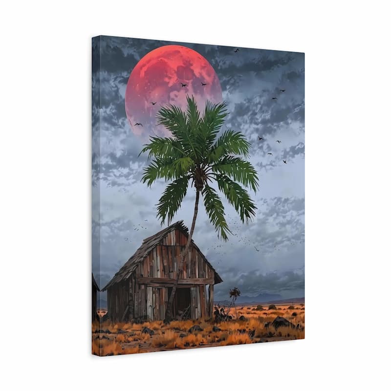 Canvas print of a wooden cabin and palm tree under a large red moon.