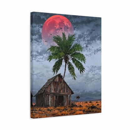 Canvas print of a wooden cabin and palm tree under a large red moon.