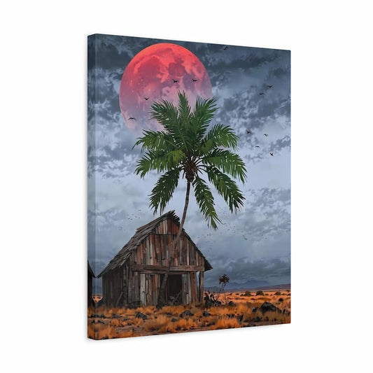 Canvas print of a wooden cabin and palm tree under a large red moon.