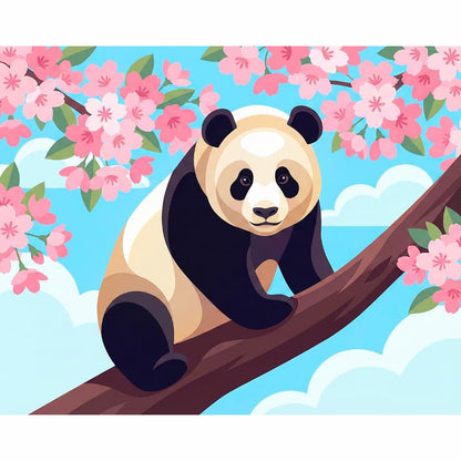 Panda bear sitting on a branch with cherry blossoms