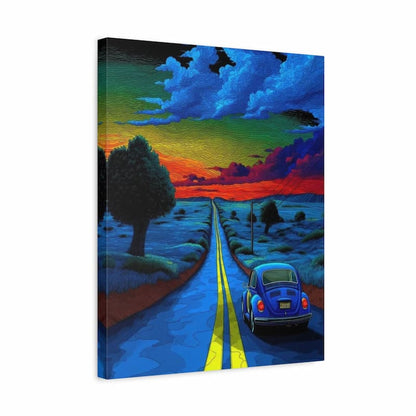 A square canvas wall art print depicting a stylized landscape scene with a blue car on a yellow road under a dramatic blue, green, and orange sunset sky.