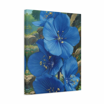 A square canvas wall art print featuring a close-up painted floral scene with large vivid blue flowers, yellow stamens, and a soft green and brown natural background, shown at a slight angle on a white studio background.