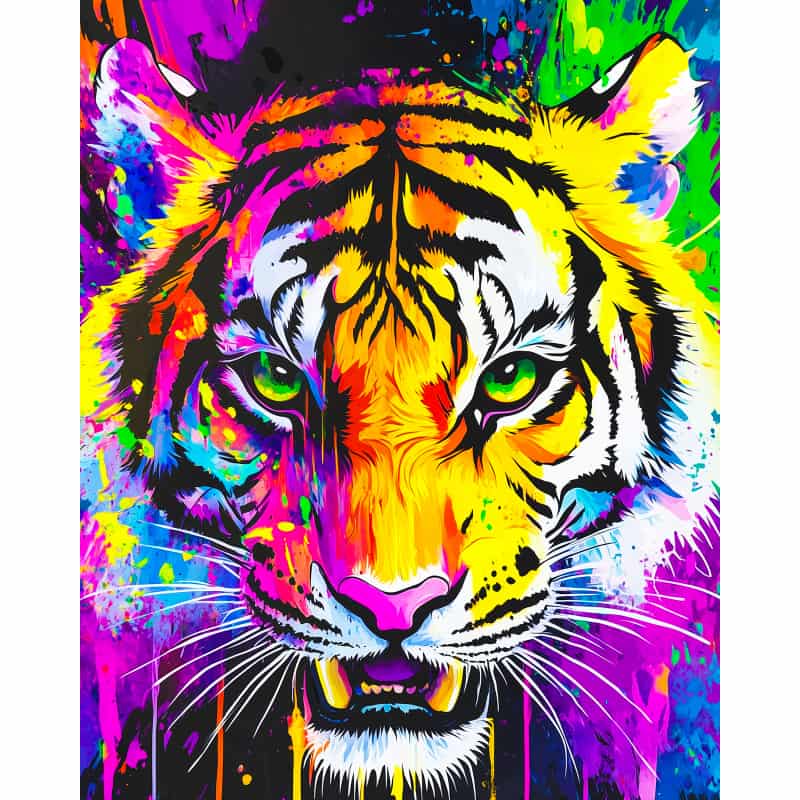 Colorful abstract tiger painting with vibrant splashes of color on a white background