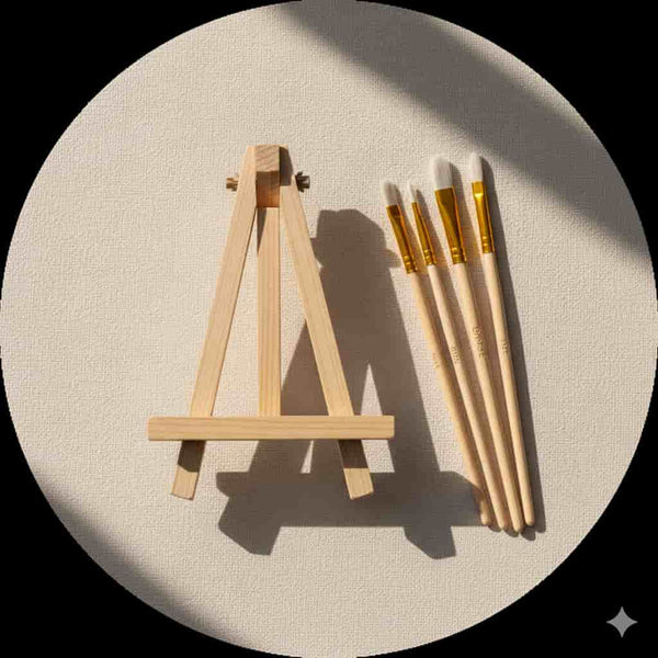 Small wooden easel with paintbrushes on a textured beige surface
