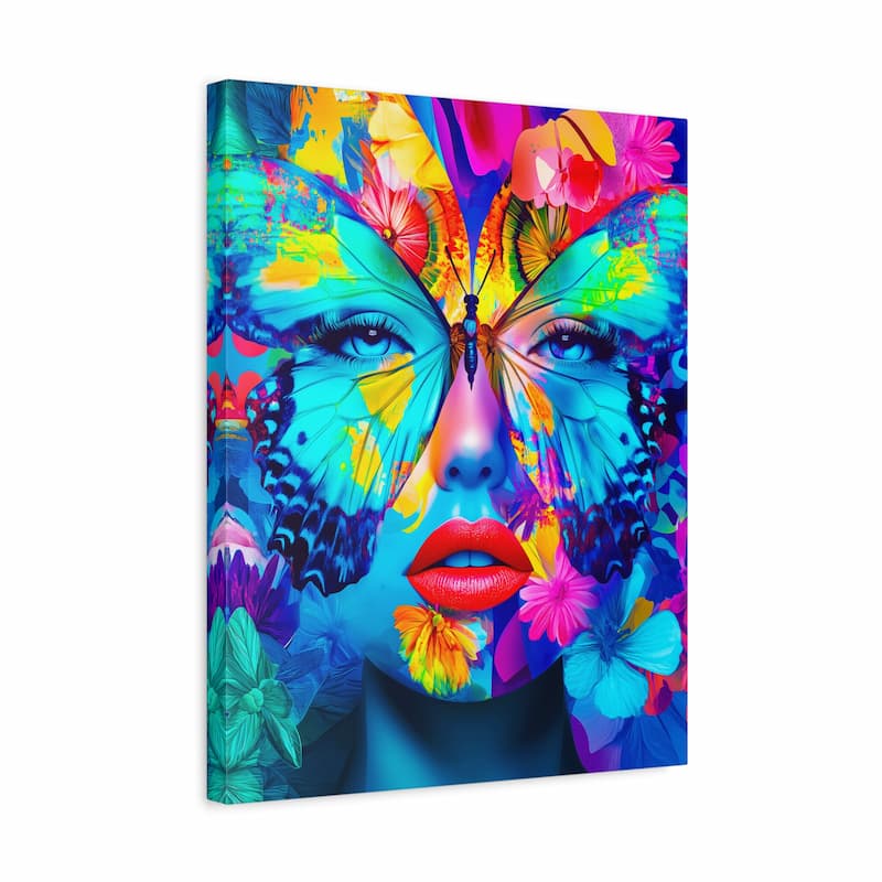 Colorful abstract art of a face with butterflies and flowers on a white background