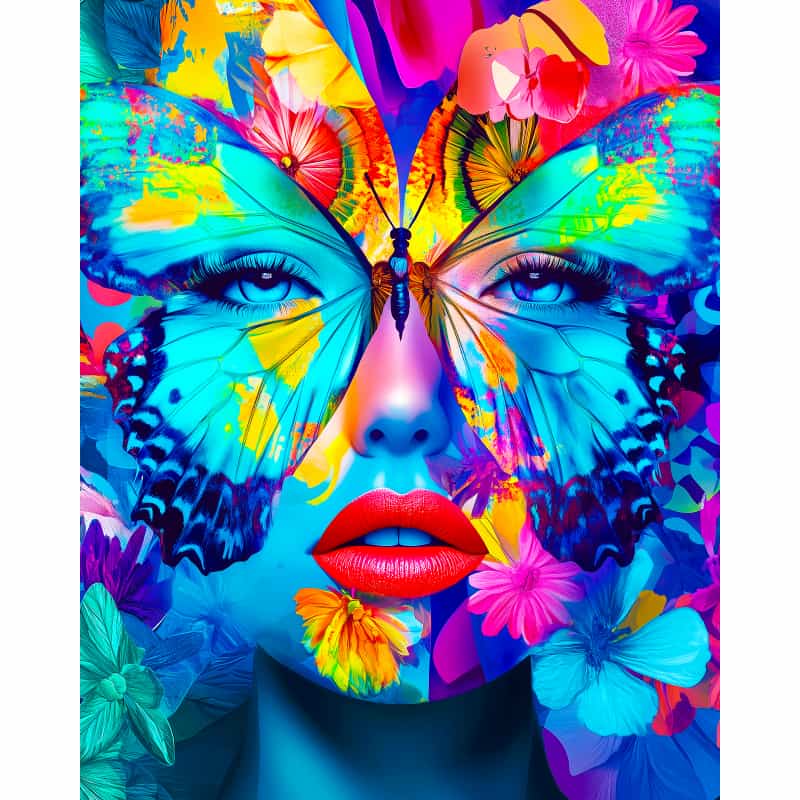 Colorful artwork of a face with butterfly wings and flowers