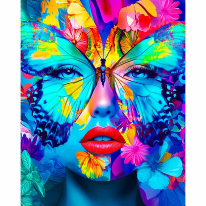Colorful artwork of a face with butterfly wings and flowers
