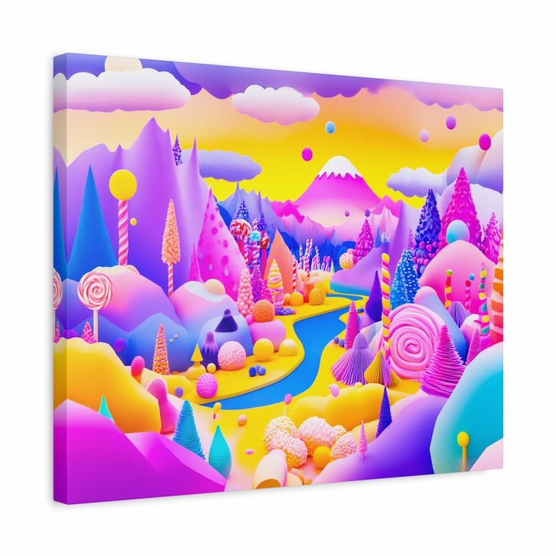 Colorful abstract landscape with mountains, trees, and a river on a white background