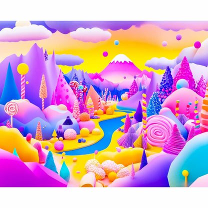 Colorful fantasy landscape with mountains, trees, and a river.