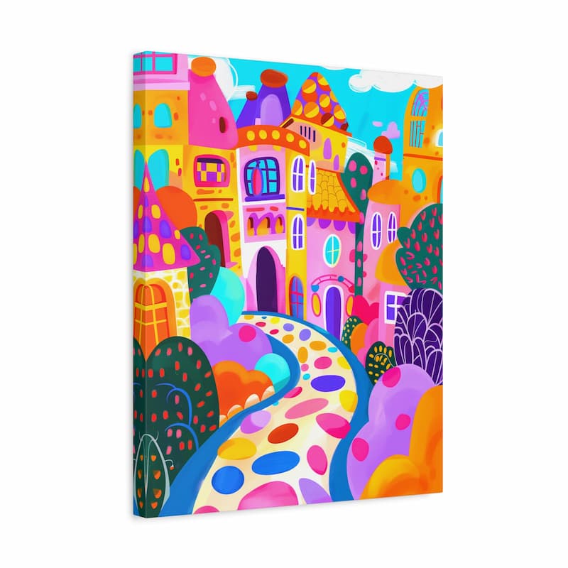 Colorful children's book cover with a whimsical village design on a white background