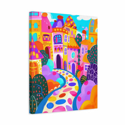 Colorful children's book cover with a whimsical village design on a white background