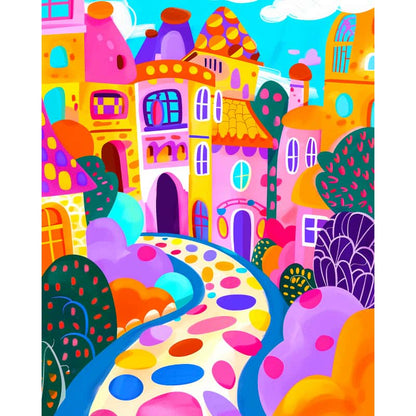 Colorful cartoon-style cityscape with buildings and a road.