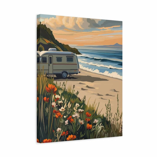 caravan parked on a beach at sunset with ocean waves and wildflowers, paint by numbers artwork
