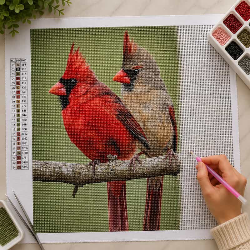 Diamond Painting of two cardinals on a white fabric with a hand holding a pink diamond painting pen.