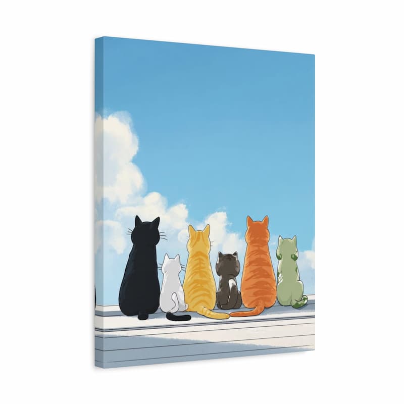 A vertical canvas wall art print showing five cats sitting side by side on a ledge under a bright blue sky with white clouds. The cats are black, white, yellow, orange, and green, viewed from behind as they look out toward the sky.