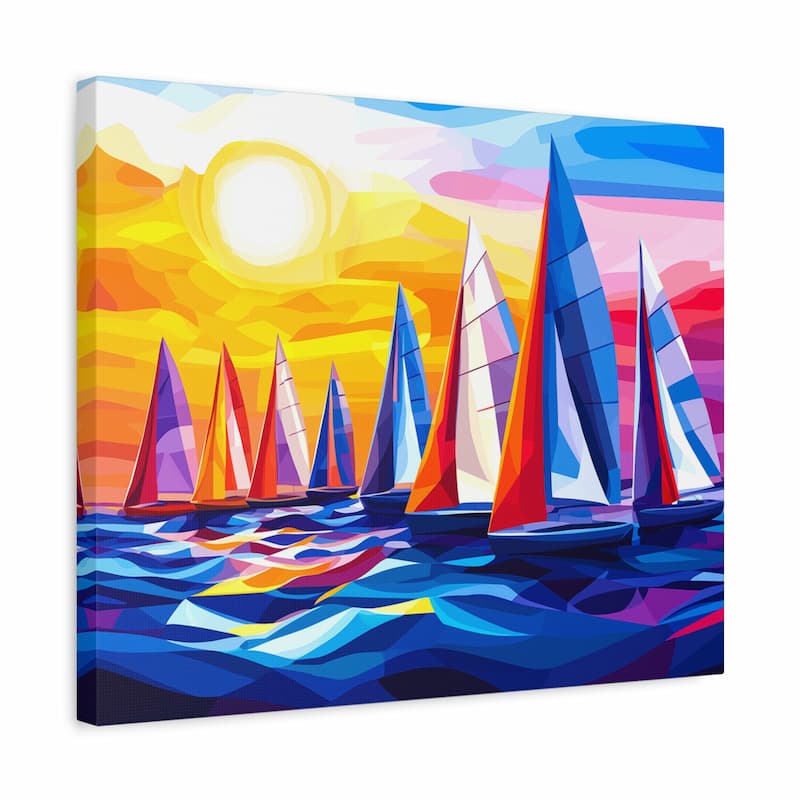 Colorful abstract painting of sailboats on water with a vibrant sunset background.