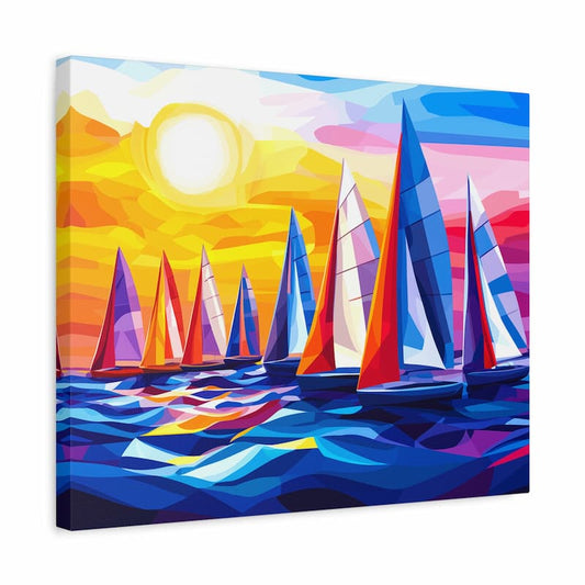 Colorful abstract painting of sailboats on water with a vibrant sunset background.