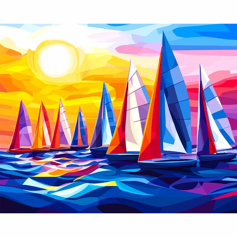 Colorful sailboats on water with a vibrant sunset sky