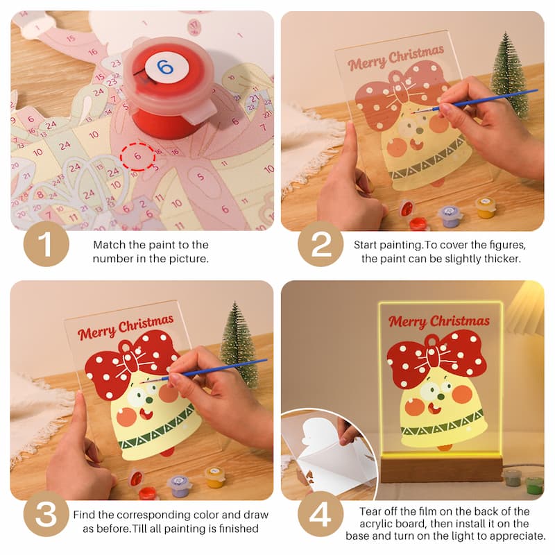 A four-step collage showing how to use a Christmas acrylic painting kit. The kit includes a numbered guide, a red paint roller, a small paintbrush, and a clear acrylic panel with a festive bell and bow design that reads 'Merry Christmas'.