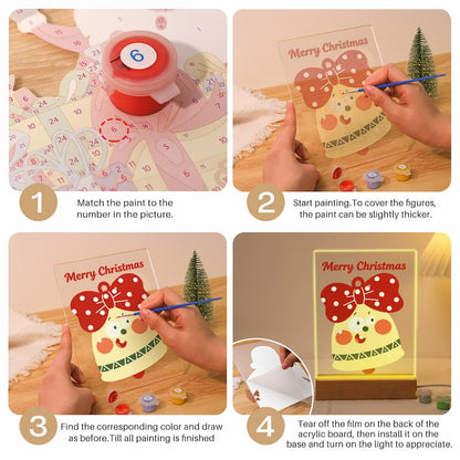 A four-step collage showing how to use a Christmas acrylic painting kit. The kit includes a numbered guide, a red paint roller, a small paintbrush, and a clear acrylic panel with a festive bell and bow design that reads 'Merry Christmas'.