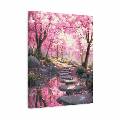 Canvas print of a cherry blossom forest with a path and stones.