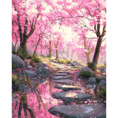 Painting of a pink cherry blossom pathway with trees and stones.