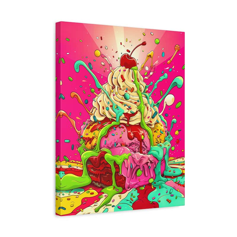 Colorful ice cream cone painting on a pink background
