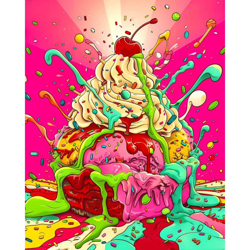 Colorful ice cream sundae with a cherry on top against a pink background