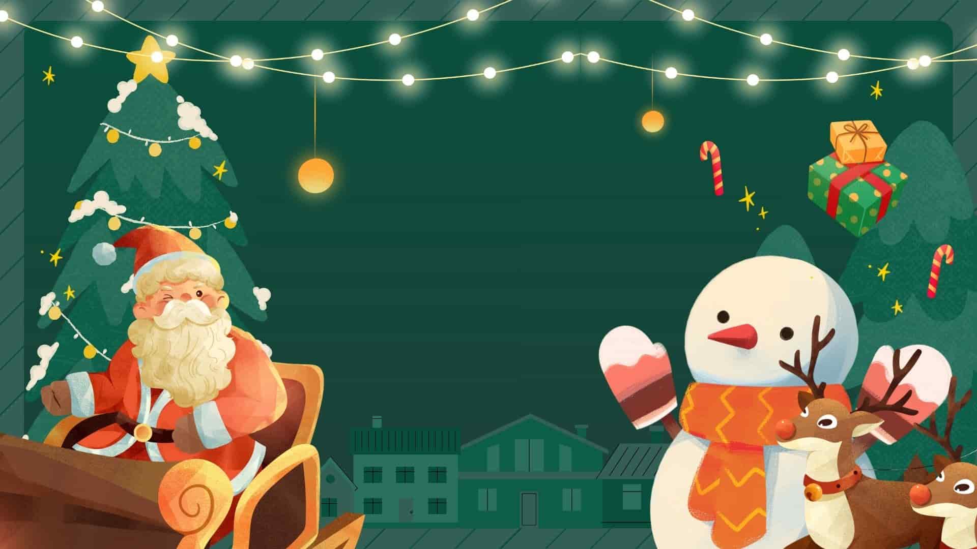Cartoon Santa Claus in a sleigh with a snowman, reindeer, and Christmas tree on a festive green background.
