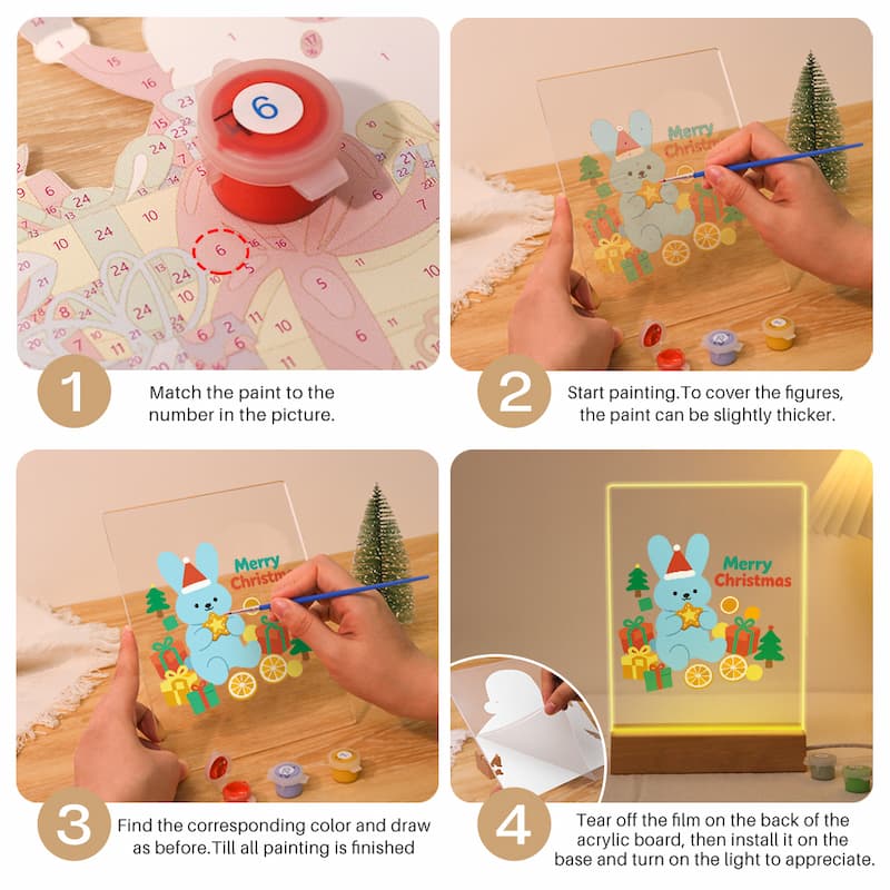 A four-step instructional collage showing how to assemble and paint a personalized acrylic Christmas light. The steps include matching paint colors to numbers, starting the painting process, finding the corresponding color for the details, and tearing off the film to turn on the light.