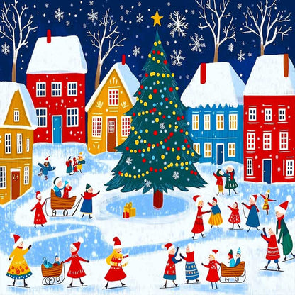 Colorful winter scene with houses, a Christmas tree, and people celebrating.