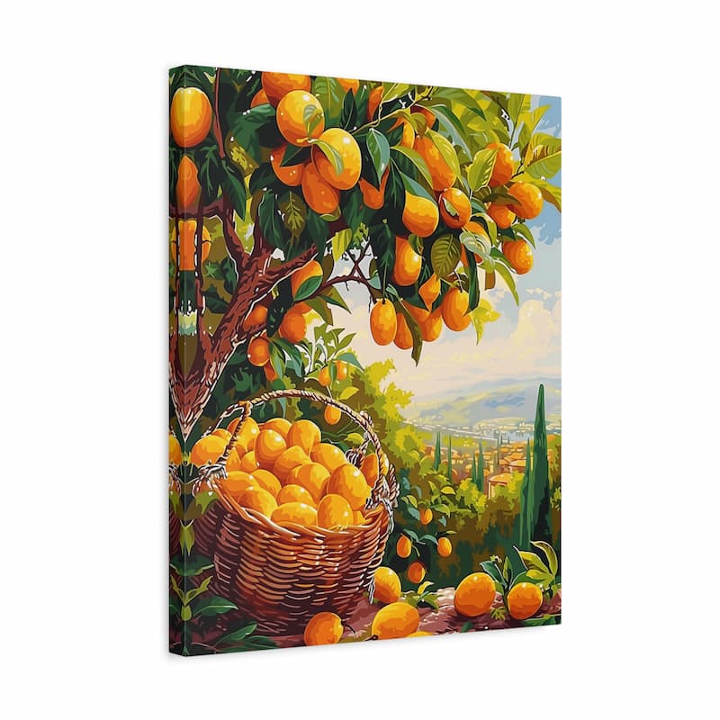Canvas print of an orange tree with oranges and a basket on a white background