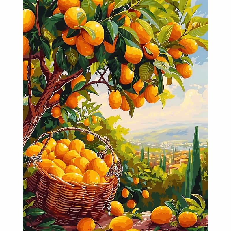 Painting of oranges on a tree with a basket below and a scenic background