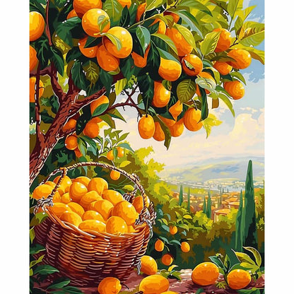 Painting of oranges on a tree with a basket below and a scenic background