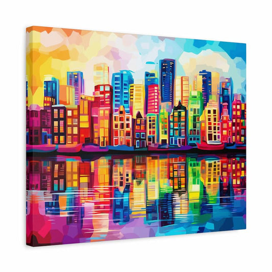 Colorful cityscape painting with reflections on water