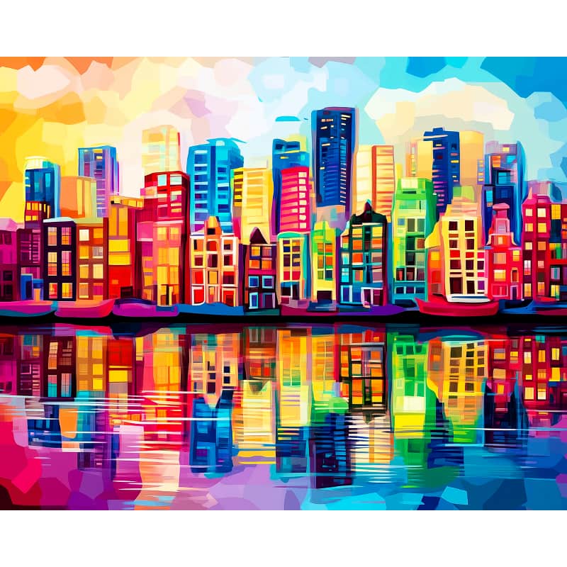 Colorful cityscape with buildings reflected in water