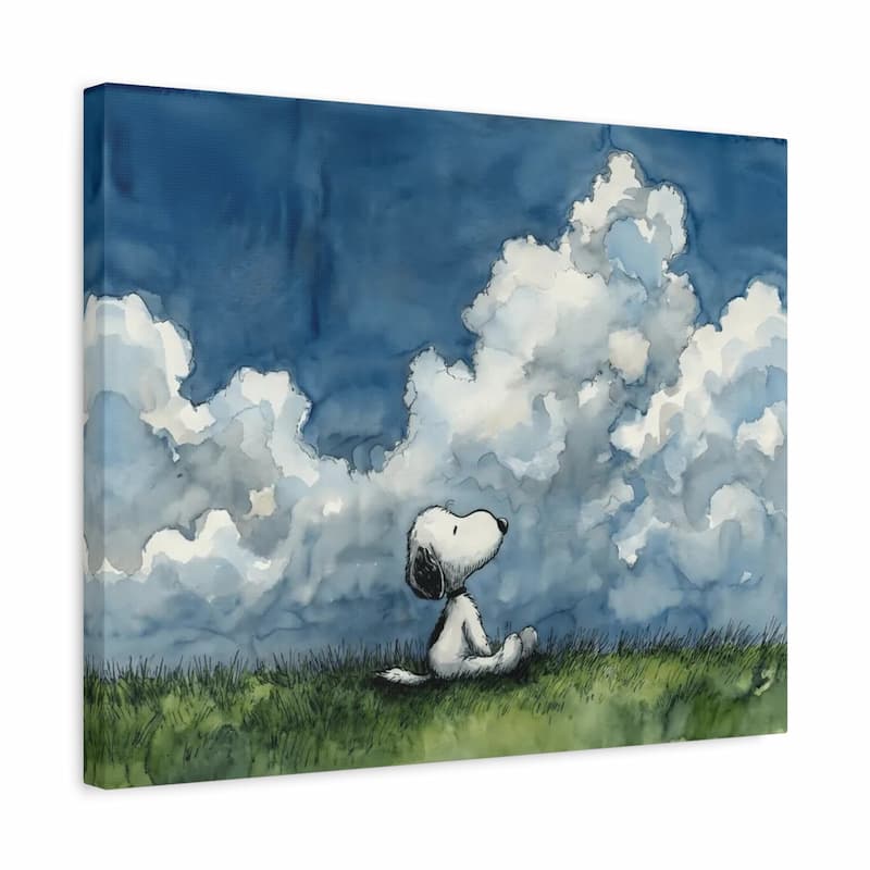Dog sitting in a grassy field looking at large watercolor clouds under a deep blue sky canvas wall art print