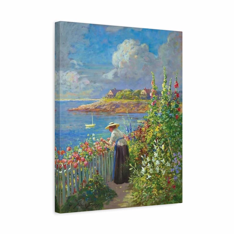 Canvas print of a scenic painting with a woman in a garden by the sea.
