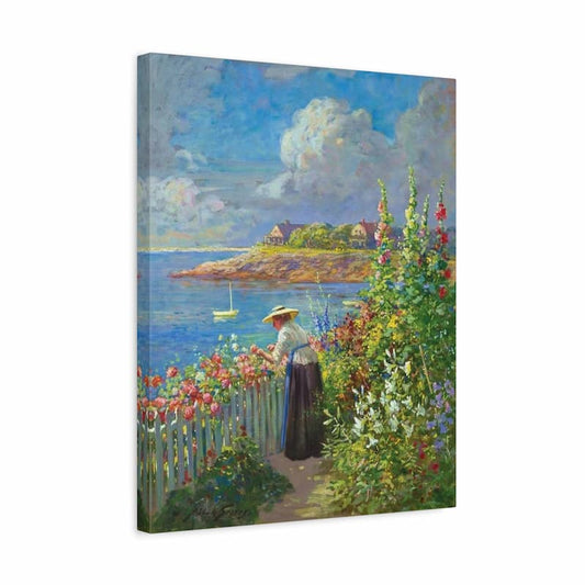 Canvas print of a scenic painting with a woman in a garden by the sea.