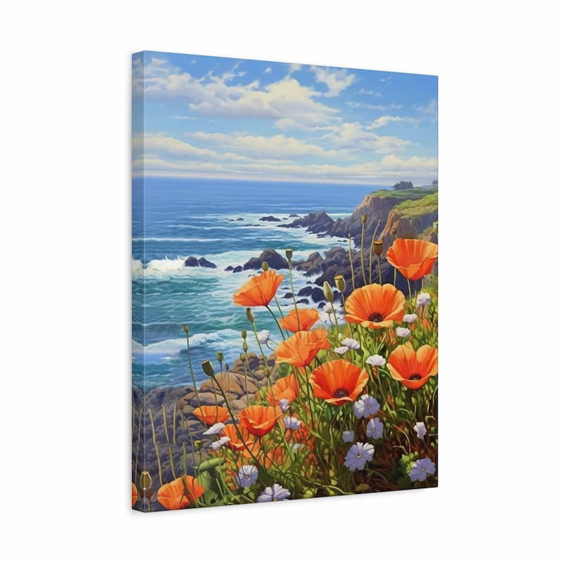 Canvas print of a coastal scene with orange flowers and blue ocean.