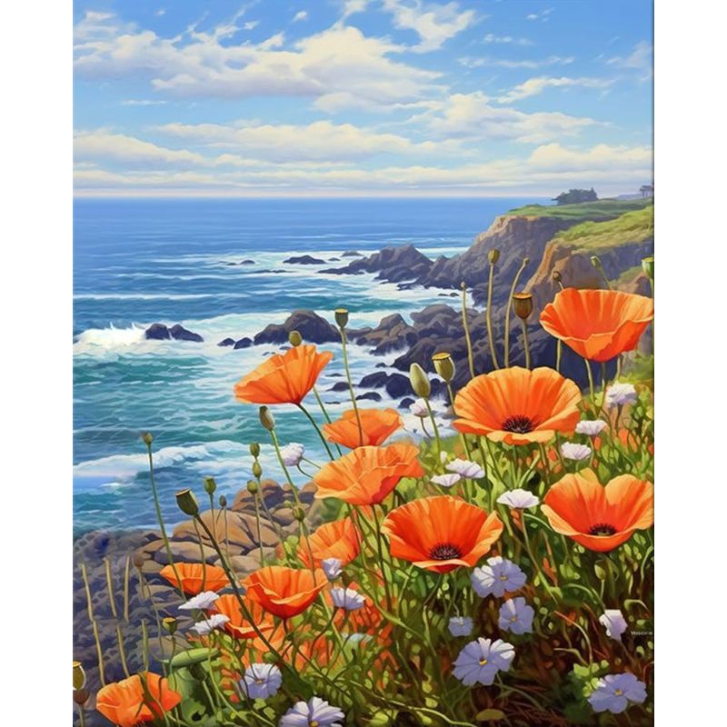 Painting of orange flowers by the ocean with rocky cliffs and blue sky.