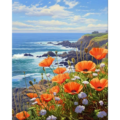 Painting of orange flowers by the ocean with rocky cliffs and blue sky.