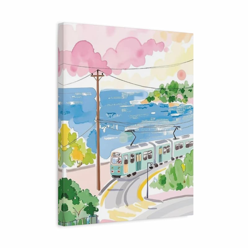 coastal tram passing by the sea with trees and soft pastel sky, paint by numbers artwork