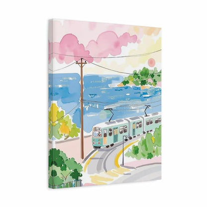 coastal tram passing by the sea with trees and soft pastel sky, paint by numbers artwork